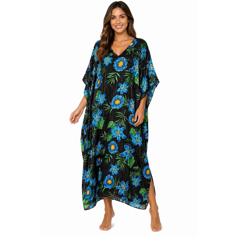 Winlar Kaftan Dress One Size Black Blue Floral V-Neck Lounge Caftan Resort